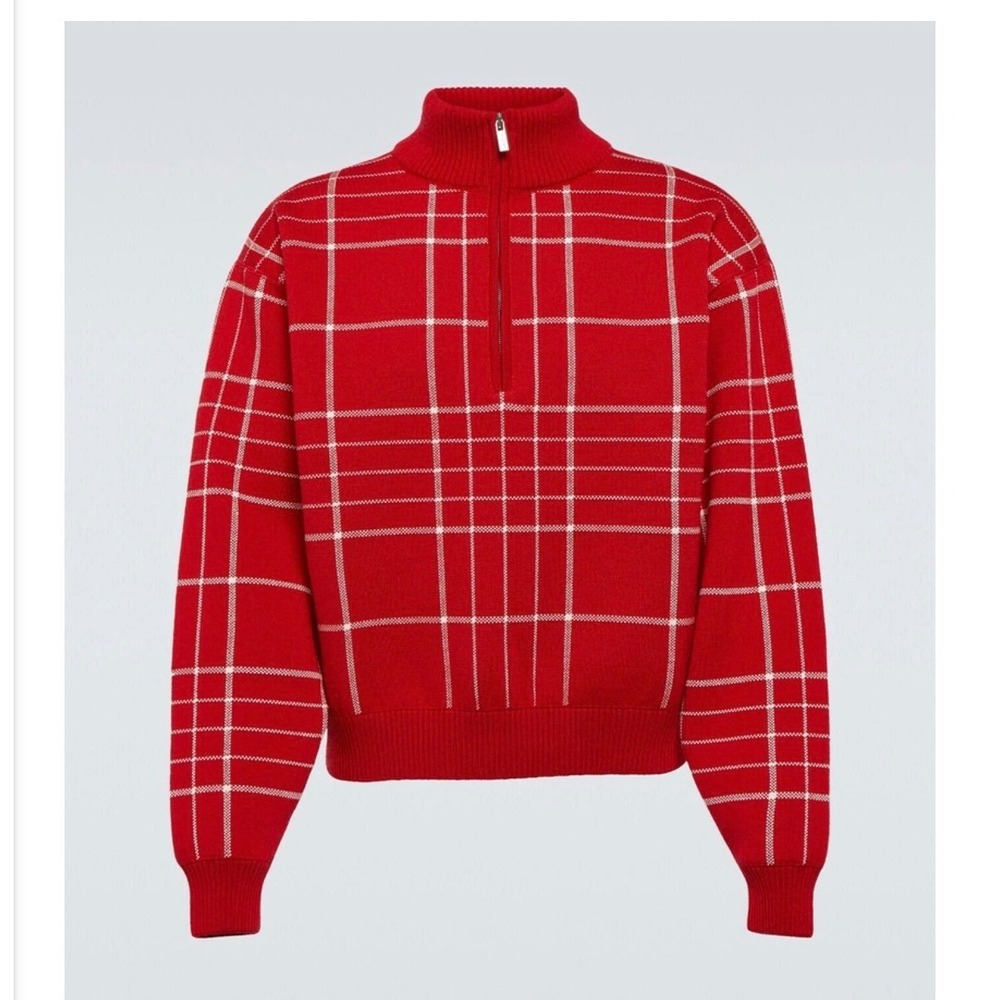 NWOT Jacquemus Carro 1/4 zip Sweater Mens XL Red White Grid Check Merino Luxury
